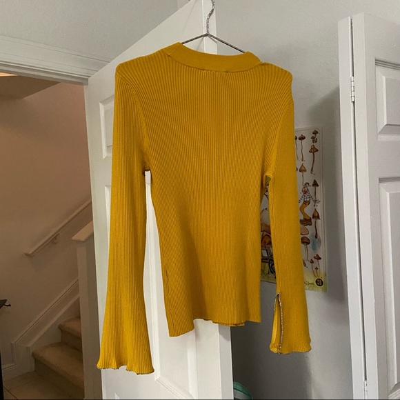 Mustard yellow fall cutout ribbed sweater with rhinestone trim - Picture 3 of 3
